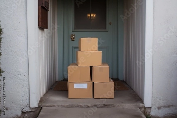 Fototapeta Delivery of cardboard boxes stacked on a doorstep