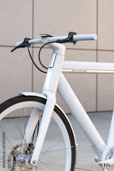 Fototapeta Futuristic minimalist bike for urban mobility with integrated LED strips in soft daylight