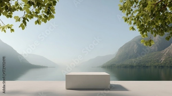 Fototapeta Serene lake landscape with a podium for product display