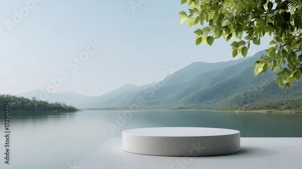 Fototapeta Serene lake landscape with a podium for product display