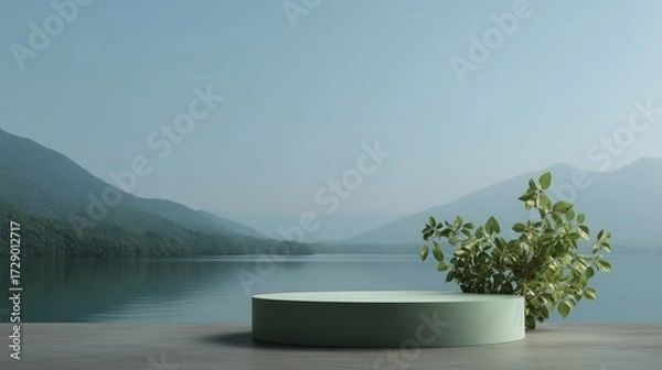 Fototapeta Serene lake landscape with a podium for product display