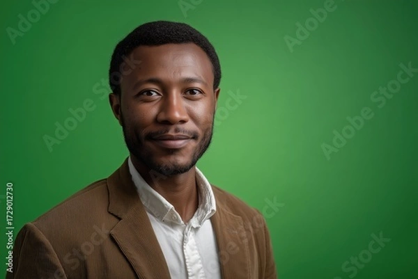Fototapeta Portrait of a smiling man in a brown blazer against a vibrant green background