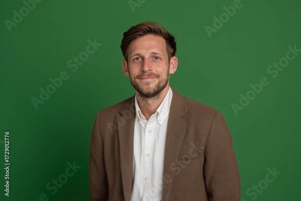 Fototapeta Portrait of a smiling man in a brown blazer against a vibrant green background