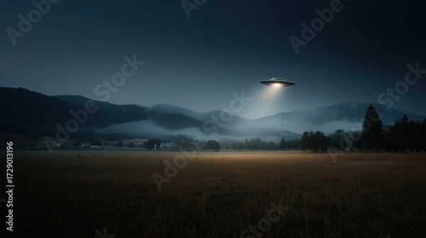 Fototapeta UFO Hovering Over a Rural Landscape at Dusk