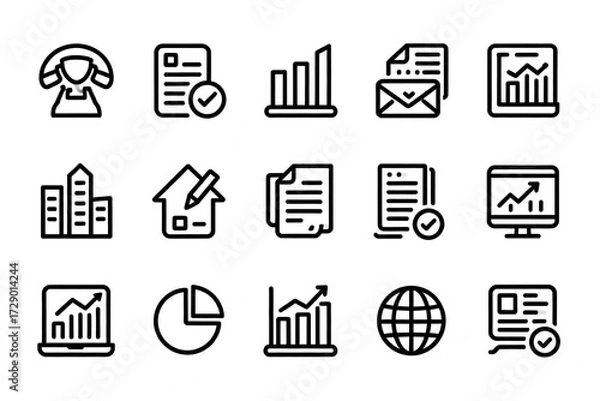 Fototapeta Collection of business and data analysis icons including charts, documents, buildings, and global symbols