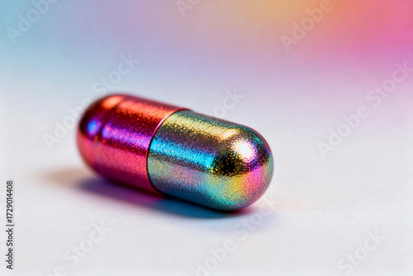 Fototapeta Iridescent capsule pill with rainbow-colored surface on a soft gradient background