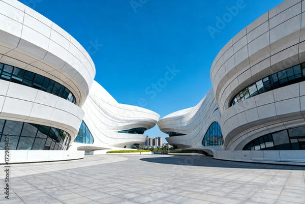 Fototapeta Modern architectural complex with curved white structures and glass windows under a clear blue sky