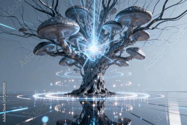 Fototapeta A futuristic tree with glowing mushrooms and energy beams emanating from its core, set on a reflective surface with digital patterns.
