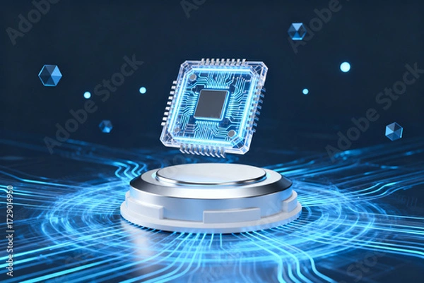 Fototapeta Floating microchip on a futuristic pedestal with glowing circuit patterns and blue energy waves