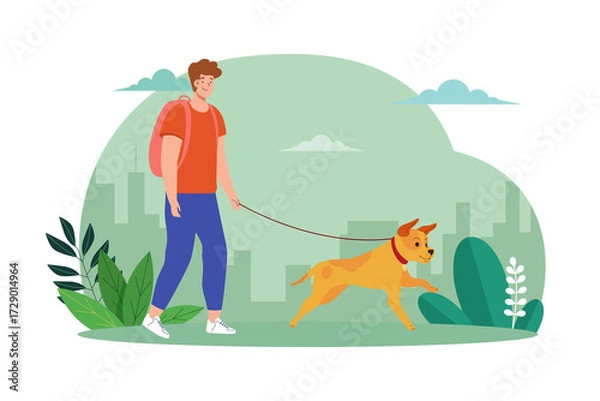 Obraz Man Walking a Tan Dog on Leash in Green Park Flat Vector Illustration with Transparent Background