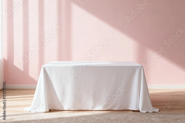 Fototapeta White tablecloth draped over a rectangular table in a minimalist room with pink walls and natural light casting shadows.