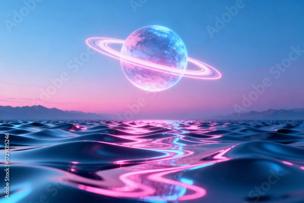 Fototapeta A surreal seascape with a glowing ringed planet reflecting in rippling water under a twilight sky