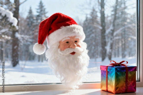 Fototapeta Santa Claus head decoration and colorful gift box on windowsill with snowy forest view