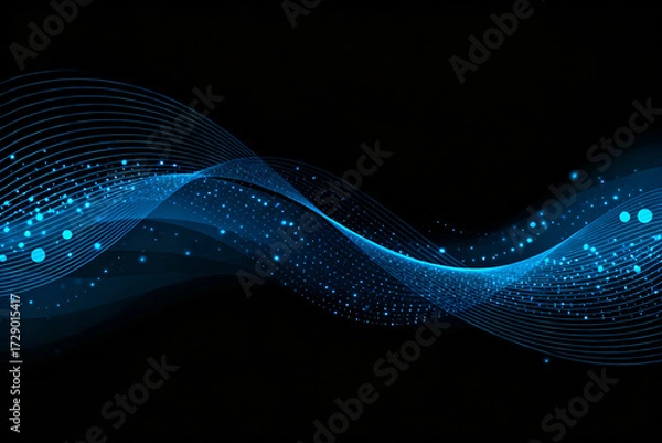 Fototapeta Abstract blue wave pattern with glowing particles on dark background