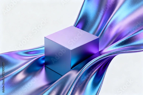 Fototapeta A reflective purple cube resting on a flowing, iridescent fabric with dynamic folds and light effects