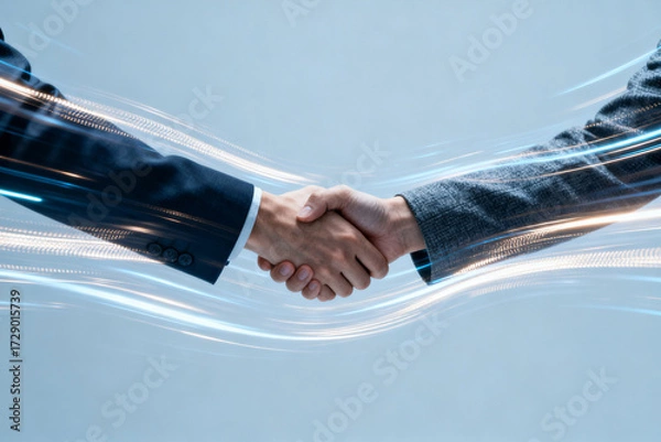 Fototapeta Two business professionals shaking hands with digital wave effects in the background