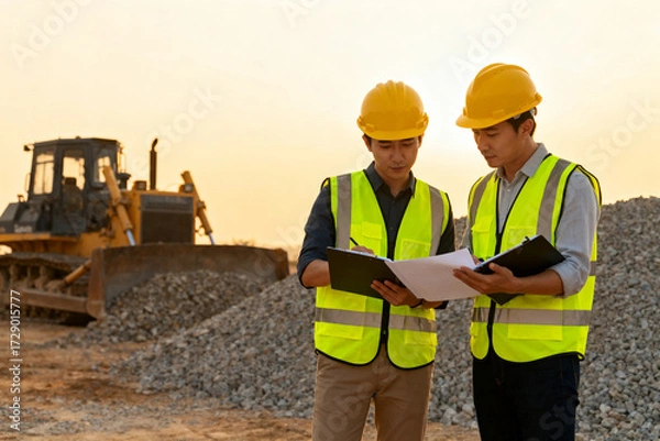 Fototapeta Two construction workers in safety vests and hard hats review plans on a building site with heavy machinery in the background.