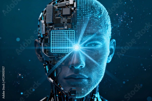 Fototapeta Cyborg human head with digital grid and circuitry, glowing blue light in eye, futuristic technology concept