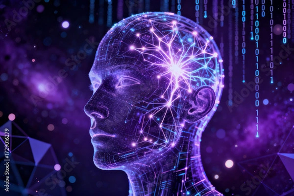 Fototapeta Digital human head with neural network and binary code in a cosmic background