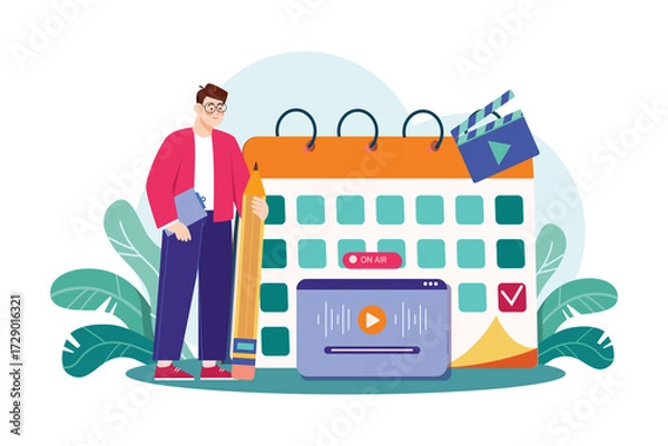 Obraz Man Standing Beside Large Calendar with Video Player Interface and Film Slate on Transparent Background