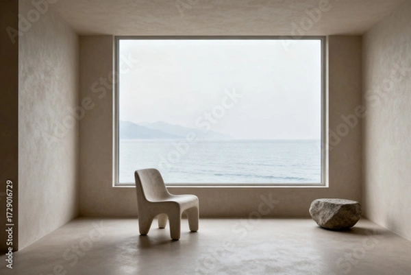 Fototapeta Minimalist interior with a view of the sea through a large window, featuring a modern chair and a stone on a concrete floor.