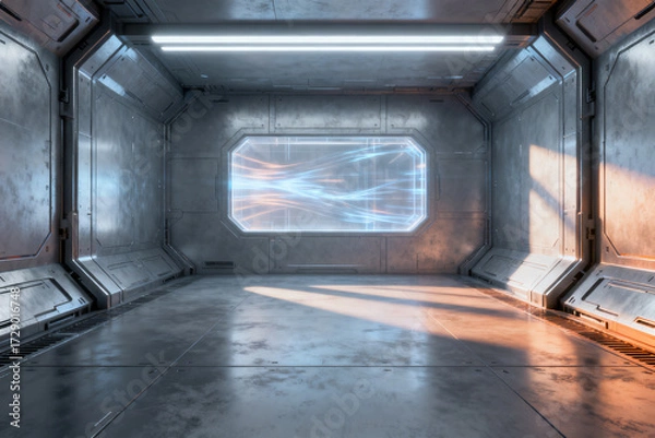 Fototapeta Futuristic metallic corridor with illuminated window and ambient lighting