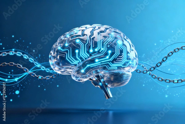 Fototapeta Digital brain with circuit patterns and DNA strands against a blue background