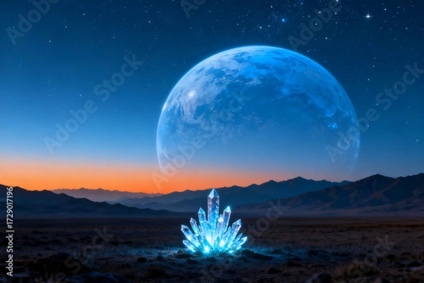 Fototapeta Glowing crystal formation in a desert landscape under a large blue moon and starry sky