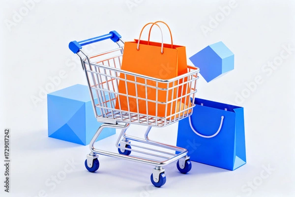 Fototapeta Shopping cart with colorful bags and geometric blocks on a white background