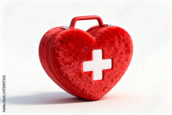 Fototapeta Red heart-shaped first aid kit with white cross symbol on a white background