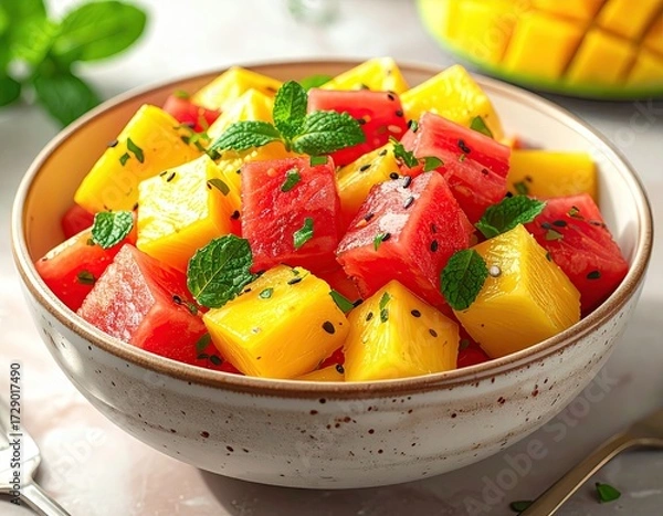 Obraz Refreshing Summer Watermelon Mango Salad with Mint