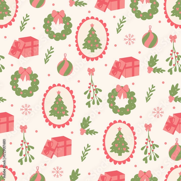 Fototapeta Christmas seamless pattern. Hand drawn doodle gift boxes, wreaths, ornaments, tree in frames. Modern festive print for wrapping paper, backgrounds, wallpapers.