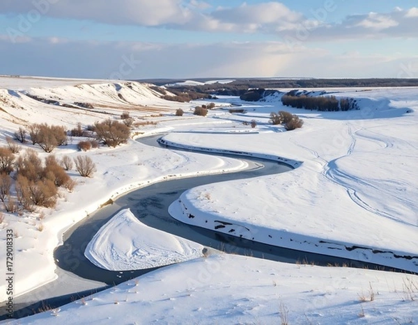 Fototapeta Winter River Winding Through Snowy Plains