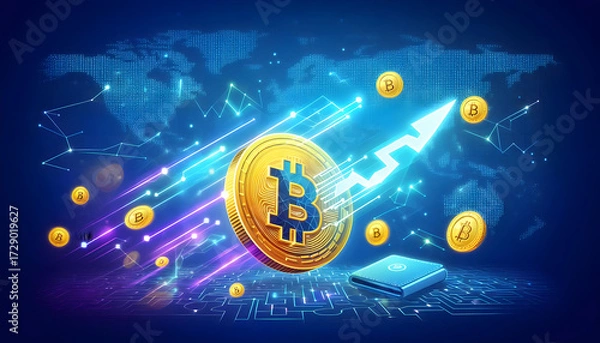 Fototapeta Global cryptocurrency transactions with a glowing Bitcoin coin and digital wallet overlaying a connected world map.