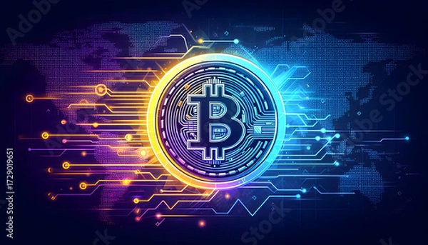 Fototapeta Global cryptocurrency transactions with a glowing Bitcoin coin and digital wallet overlaying a connected world map.