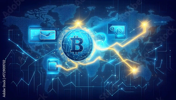 Fototapeta Global cryptocurrency transactions with a glowing Bitcoin coin and digital wallet overlaying a connected world map.