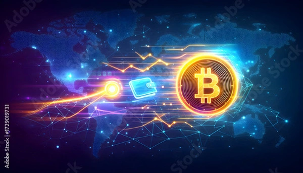 Fototapeta Global cryptocurrency transactions with a glowing Bitcoin coin and digital wallet overlaying a connected world map.