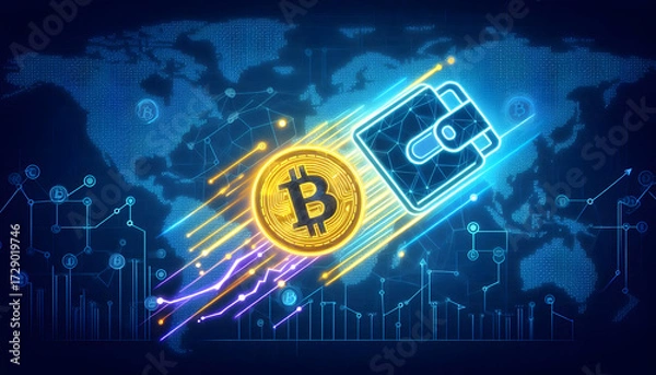Fototapeta Global cryptocurrency transactions with a glowing Bitcoin coin and digital wallet overlaying a connected world map.