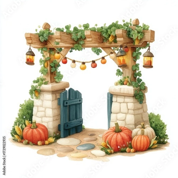 Fototapeta Charming Garden Gate Adorned with Colorful Garlands and Seasonal Pumpkins in Autumn Setting, Halloween theme