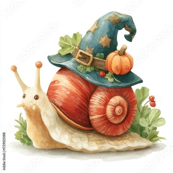 Fototapeta Miniature Snail with Pumpkin and Witch Hat on Shell Surrounded by Green Leaves, Halloween theme