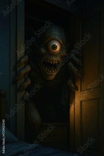 Fototapeta Frightening one-eyed cyclops creature with sharp claws creeping out of a wooden closet into a dark bedroom, horror and nightmare concept
