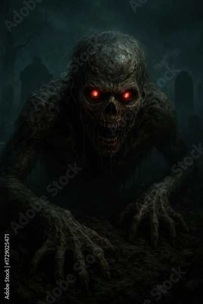 Obraz Horrific zombie-like monster with decayed skin and glowing red eyes crawling through a dark graveyard, intense horror scene perfect for Halloween themes