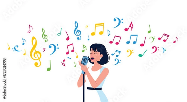Fototapeta Elegant Singer with Microphone Surrounded by Colorful Music Notes, a Celebration of Vocal Performance and Melodic Expression, on White Background