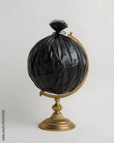 Fototapeta The World as Trash: Conceptual Image of Pollution Crisis with Globe Covered in Garbage Bag
