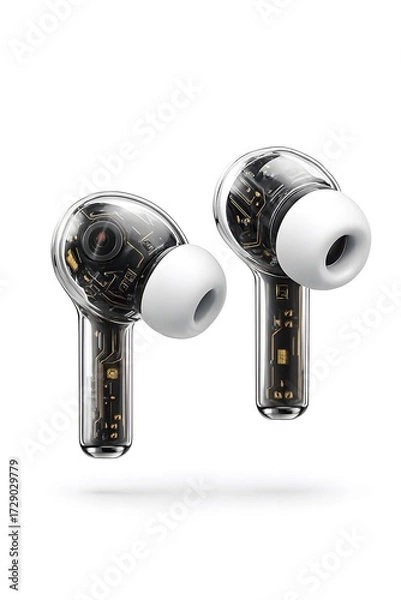 Obraz Wireless earbuds with transparent design showcasing internal components and technology