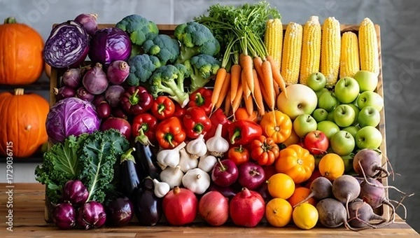 Fototapeta Abundance of Fresh Vegetables and Fruits Displayed in a Wooden Crate