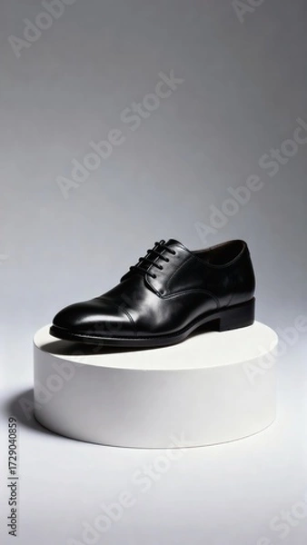 Fototapeta Black classic men's lace-up oxfords placed on a white round podium, minimalist studio background. Side view, emphasis on the shape and material of the shoes.