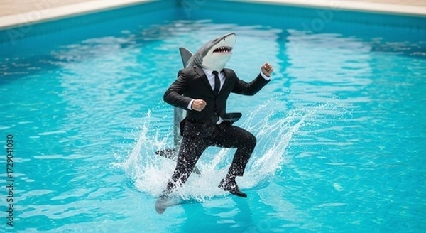 Fototapeta Business Shark Man in Suit Running Through Water with Energetic Splash