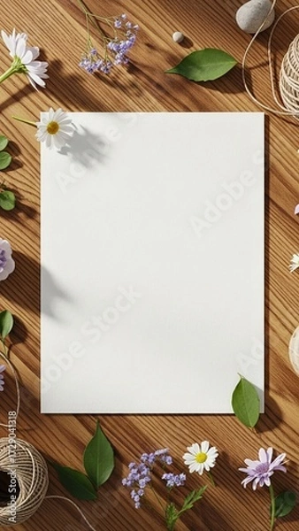 Fototapeta Blank white paper sheet surrounded by delicate wildflowers, green leaves, and twine on a rustic wooden surface, creating a serene and inviting atmosphere for creative projects and designs
