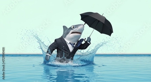Fototapeta Business Shark with Umbrella Splashing Unexpectedly from Pool